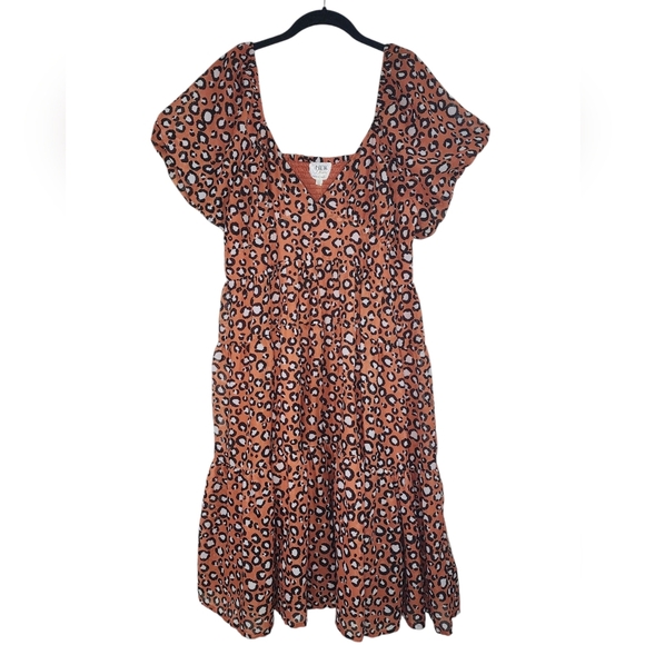 HER DESTINY orange/leopard tiered midi dress, puff sleeves, v-neck, size M - Picture 1 of 9